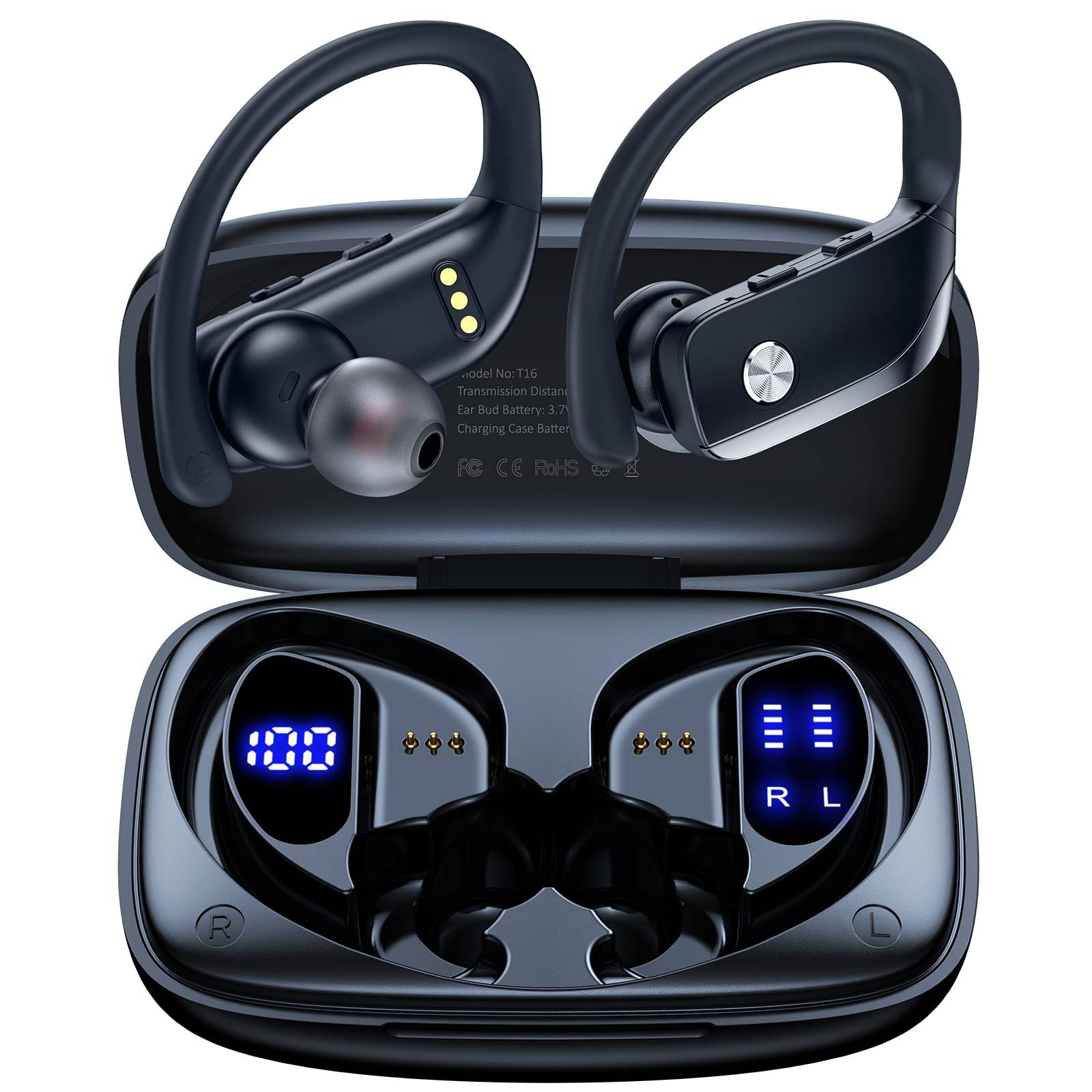 TSSD T16 TWS Stereo Sound Quality LED Display sport ipx7 waterproof climb Ear hook camping running working out ecouteur bluetooth Wireless in-ear noise cancelling earbuds with earhook earphone earbuds