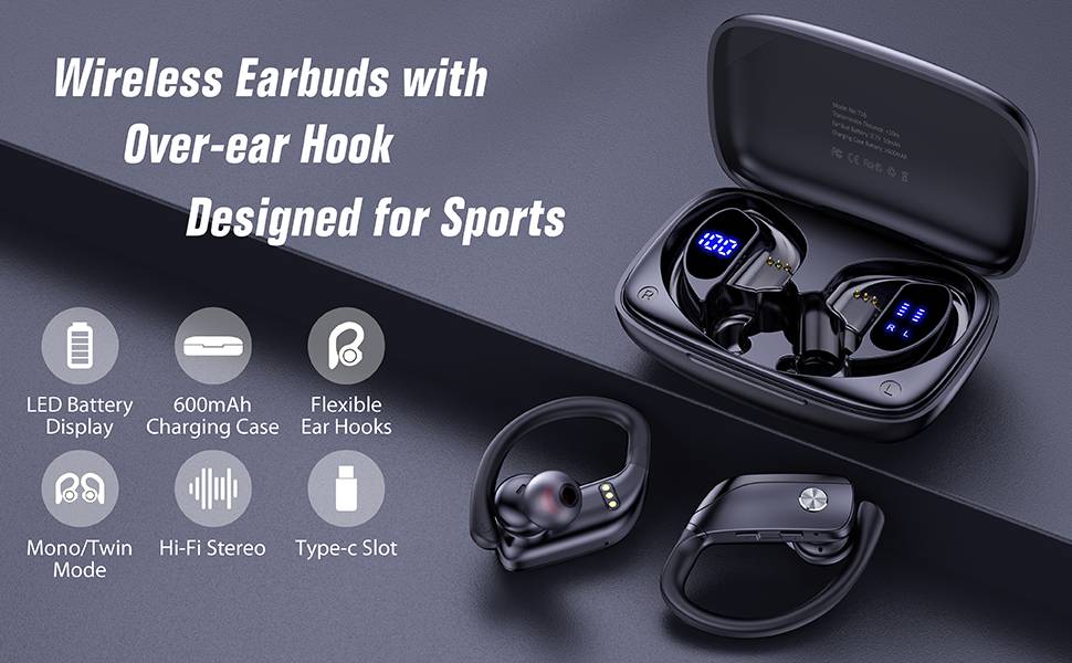 TSSD T16 TWS Stereo Sound Quality LED Display sport ipx7 waterproof climb Ear hook camping running working out ecouteur bluetooth Wireless in-ear noise cancelling earbuds with earhook earphone earbuds