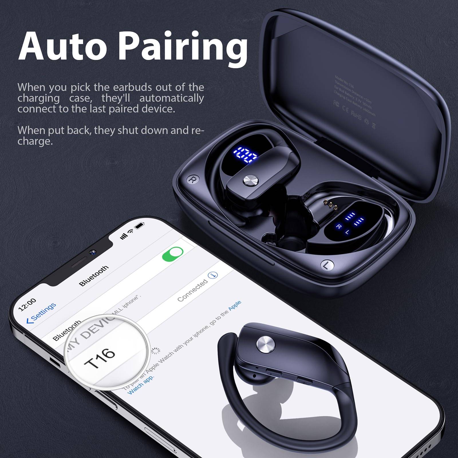 TSSD T16 TWS Stereo Sound Quality LED Display sport ipx7 waterproof climb Ear hook camping running working out ecouteur bluetooth Wireless in-ear noise cancelling earbuds with earhook earphone earbuds