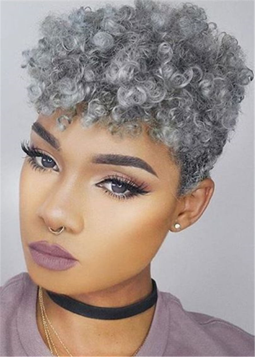 Pixie Afro Kinky Curly Capless Women Human Hair 120% Short Wigs - Gray