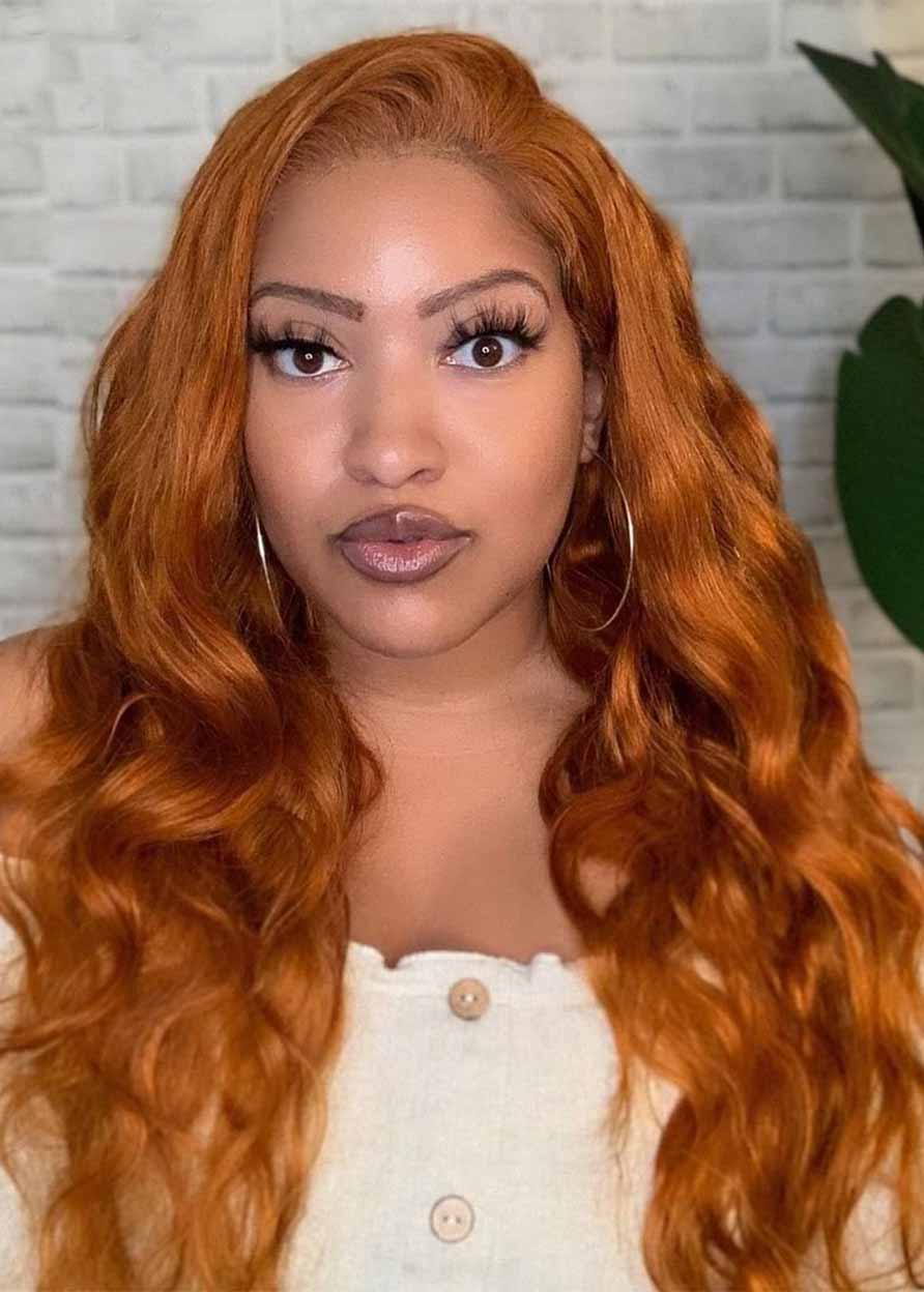 Women Capless Wavy Human Hair 26 Inches 130% Wigs - Orange Color Wigs