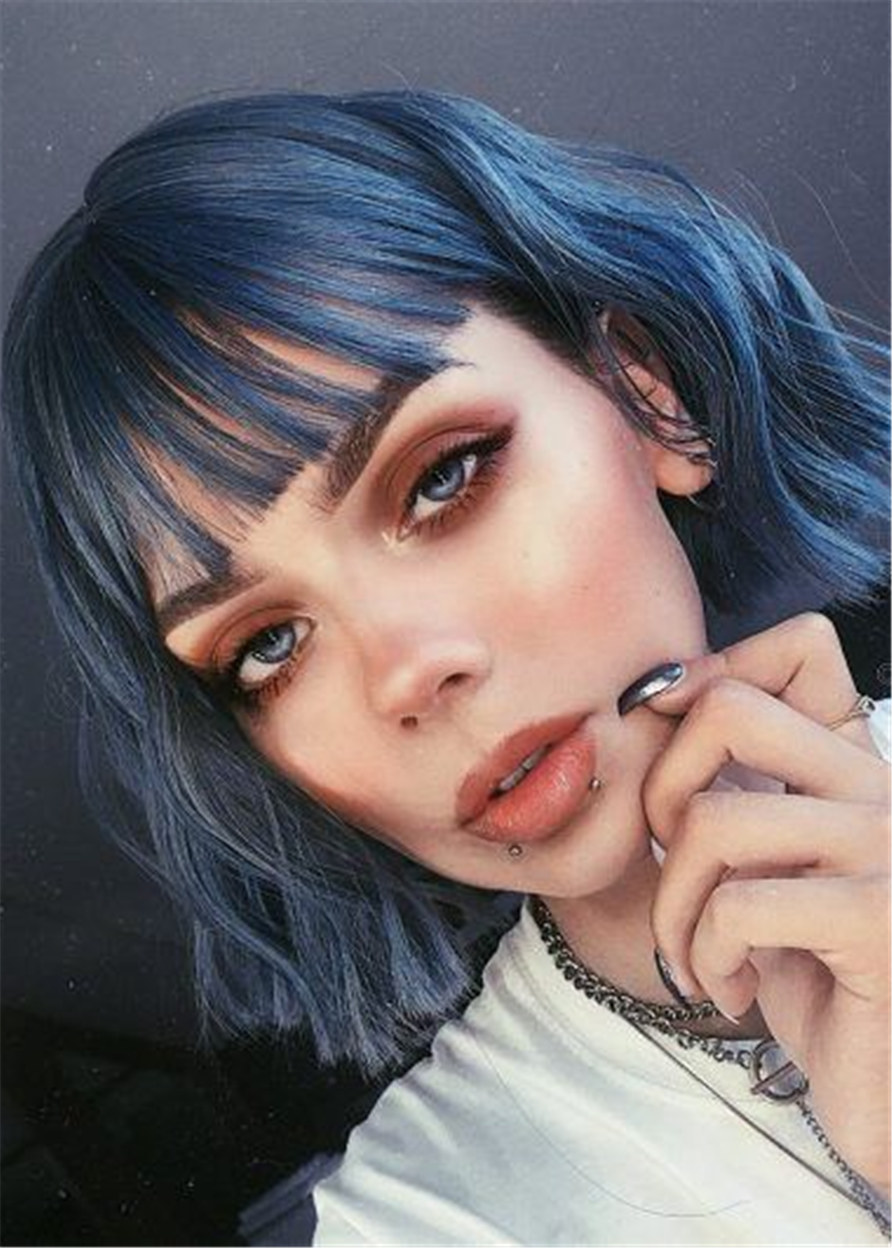 Blue Bob Wigs With Fringe Wavy Women Synthetic Hair 130% 12 Inches Wigs