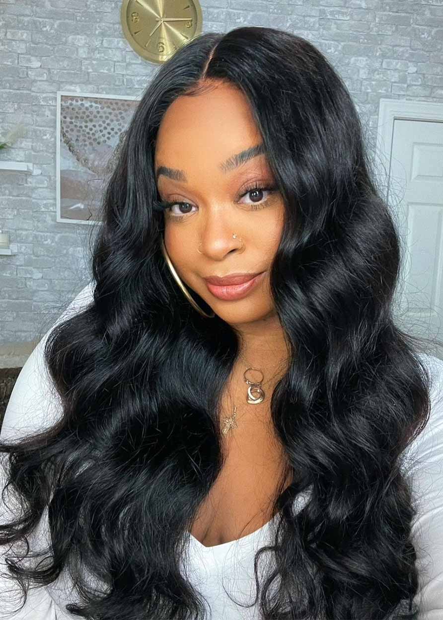 Wavy Lace Front Cap Human Hair Women Middle Part 130% 24 Inches Wigs