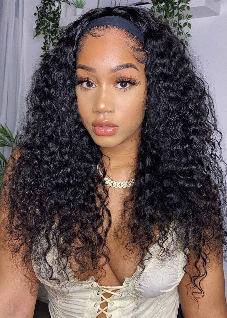 Women's Headband Wigs Human Hair Lace Front Cap Kinky Curly 22 Inches 130% Wigs