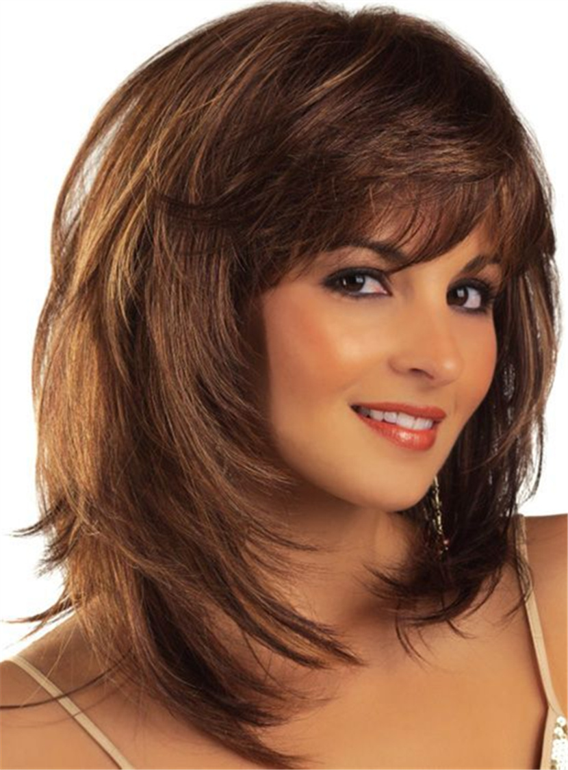 Messy Bob Straight Synthetic Hair Women Capless 120% 14 Inches Wigs With Bangs