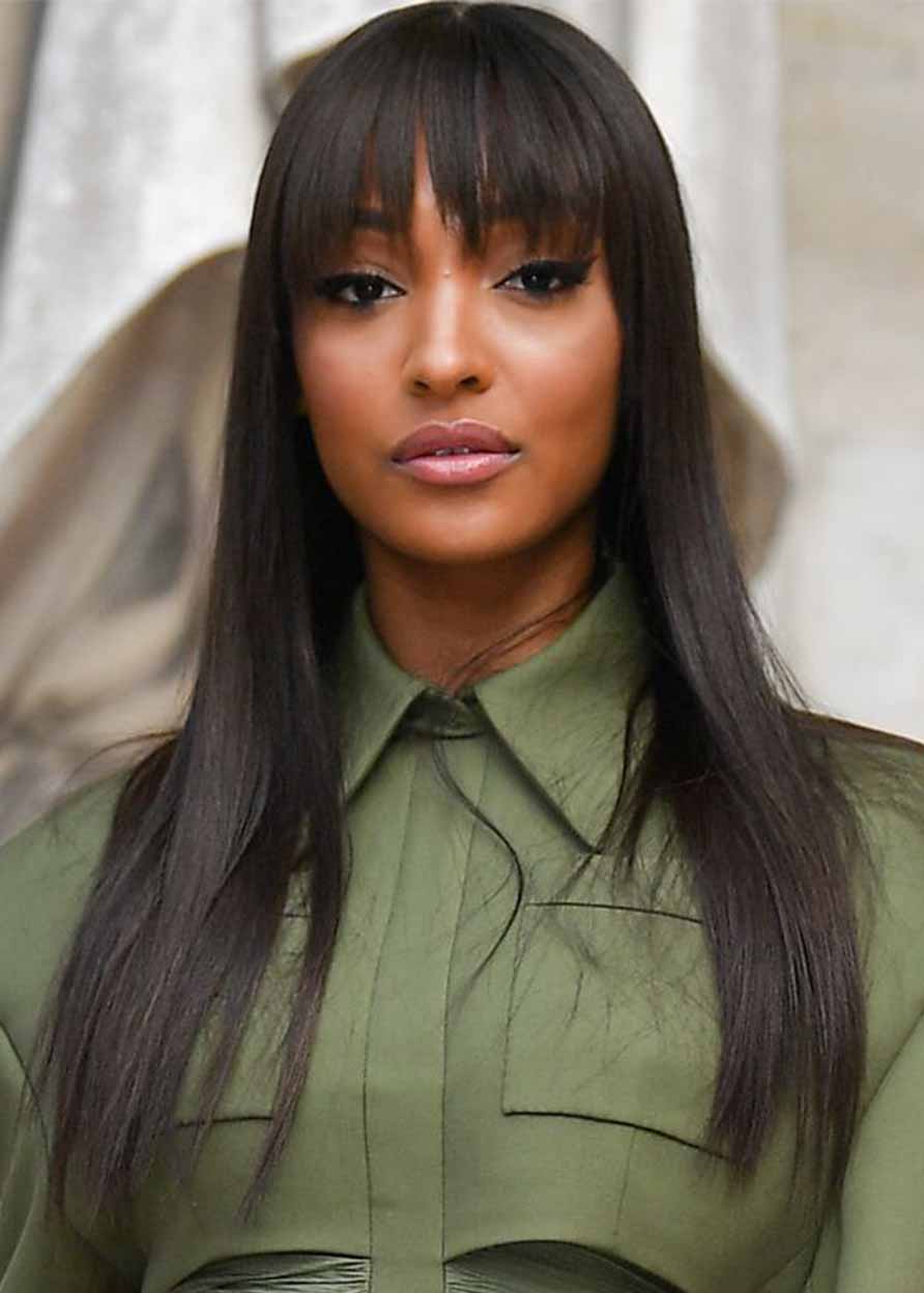 Jourdan Dunn's Hairstyle Wigs Human Hair Capless Straight 26 Inches 130% Wigs With Fringe Bangs