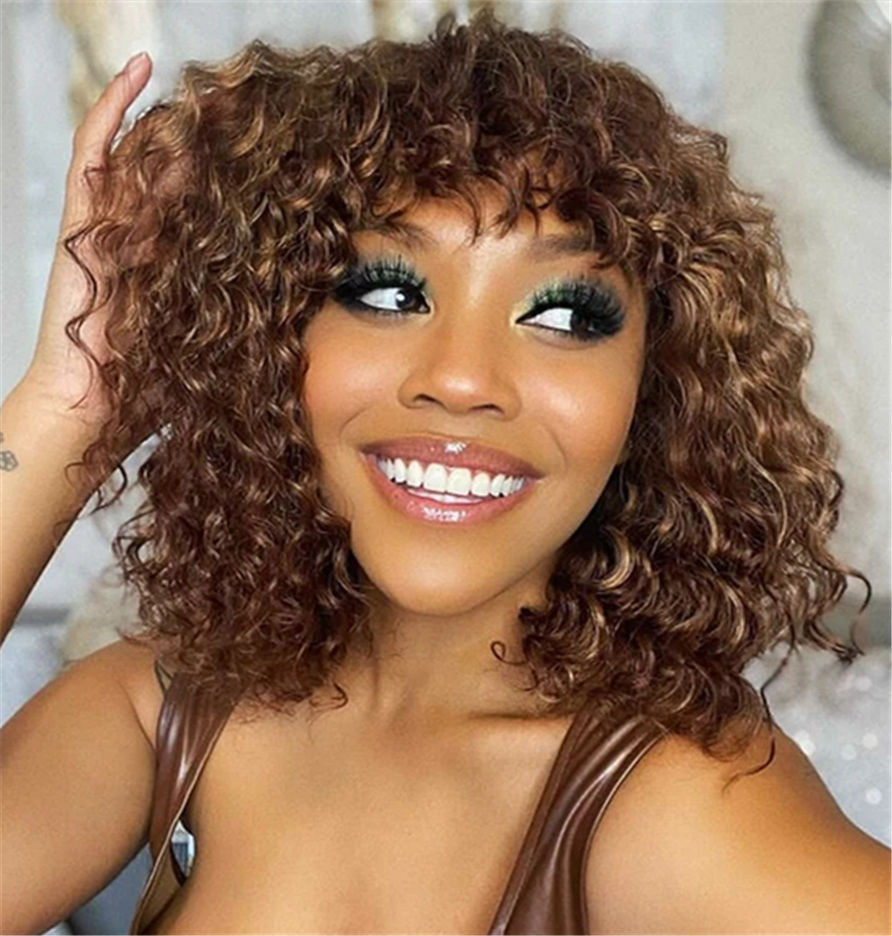 Mix Color Bob Wig Capless Curly Synthetic Hair 10 Inches 130% Wigs With Bangs African American Wigs
