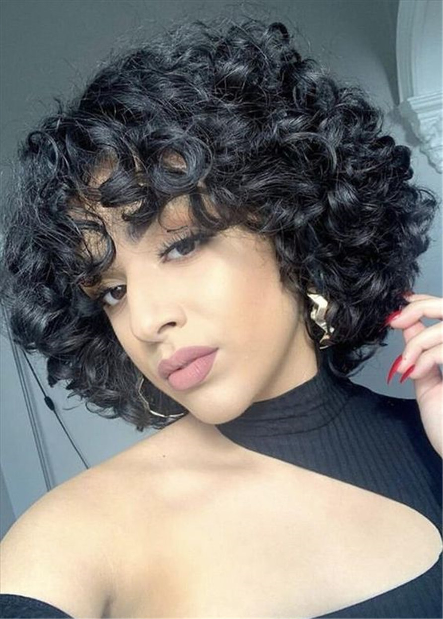 Women Kinky Curly Capless Synthetic Hair 12 Inches 130% Wigs With Shag Bangs