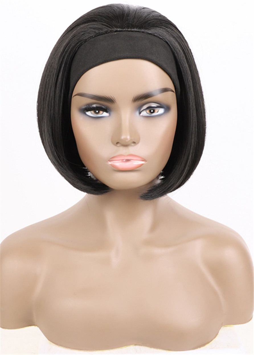 Headband Wig Bob Hairstyle Wig Synthetic Hair Natural Straight Capless 12 Inches 130% Wigs