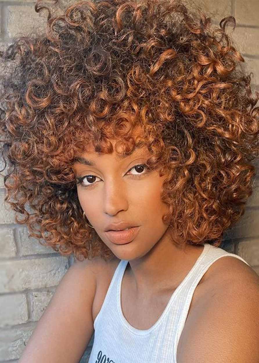 Women Big Afro Kinky Curly Synthetic Hair Capless 16 Inches 130% Wigs With Bangs