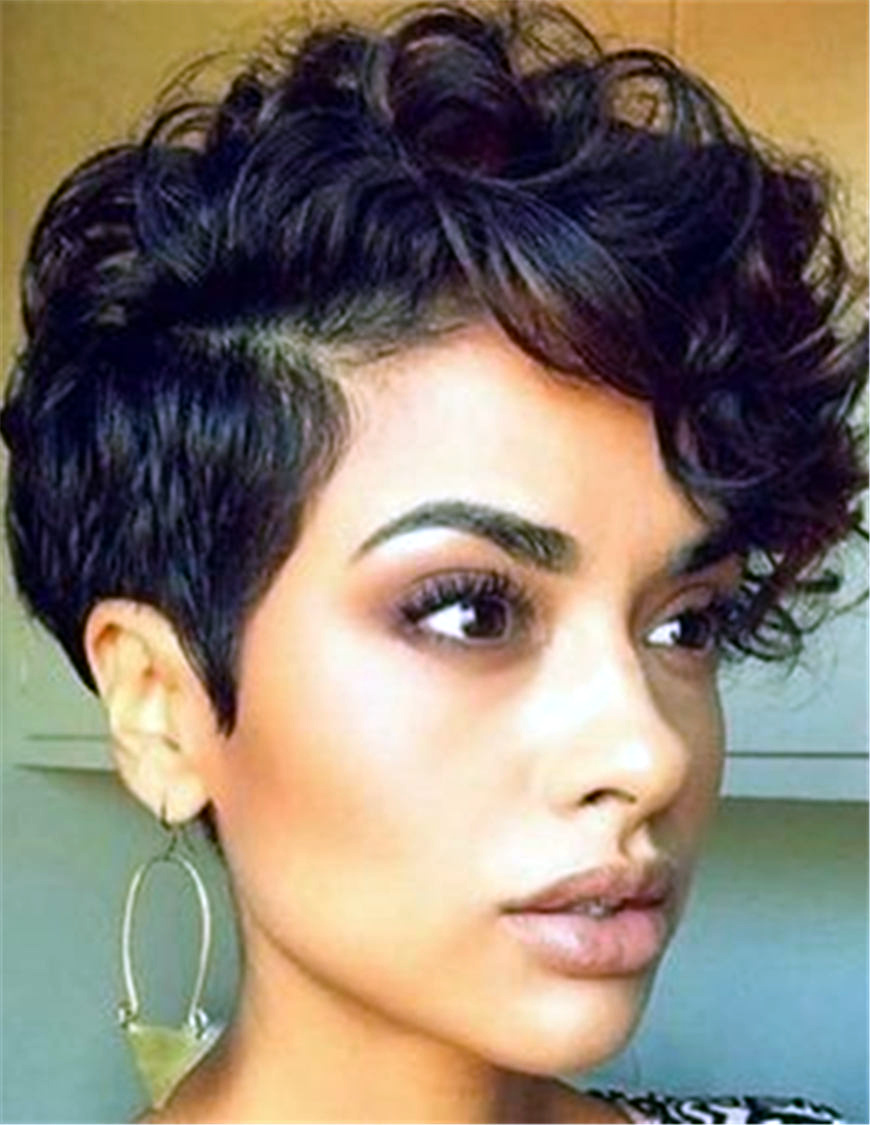 Synthetic Hair Curly Women Pixie Capless Short 120%  African American Wigs