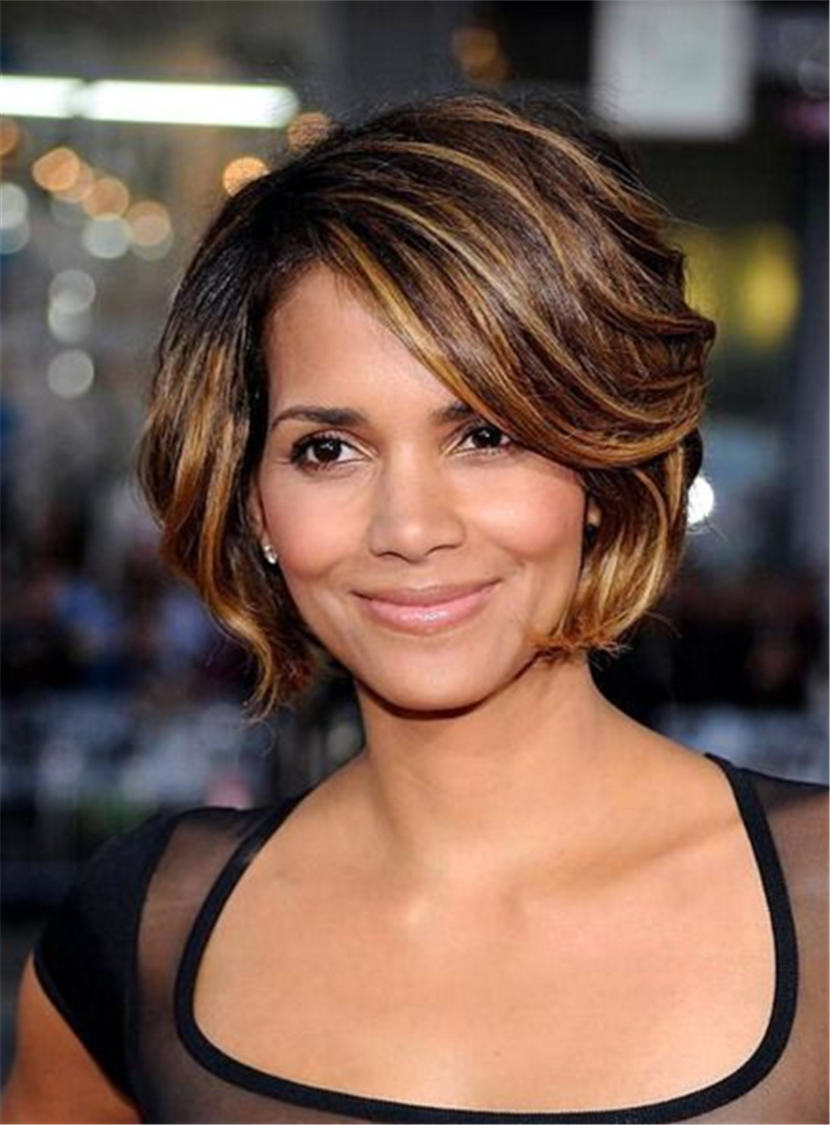 Halle Berry Capless Synthetic Hair Straight 8 Inches 120% Wigs With Bangs - Bob Hairstyle Wigs