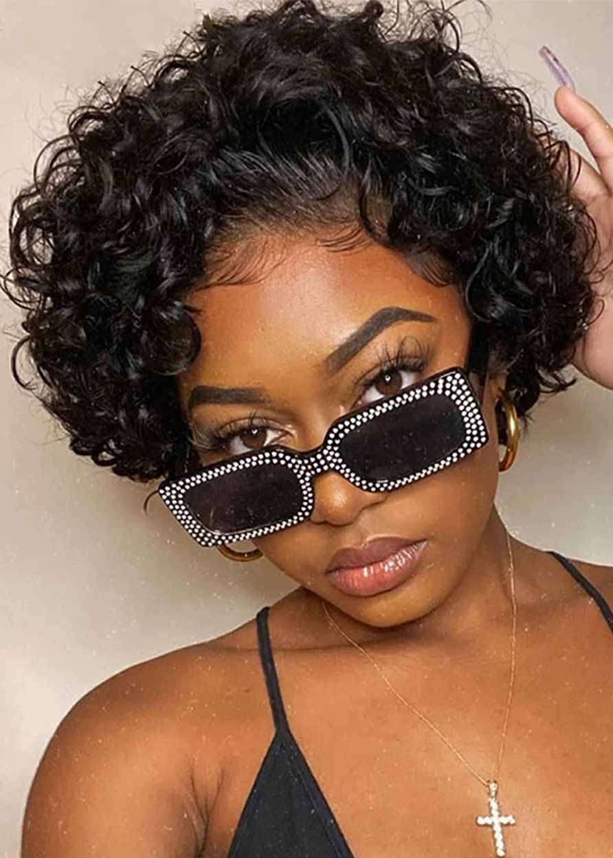 Human Hair Women Capless Curly Pixie Cut 10 Inches 130% Wigs With Bangs