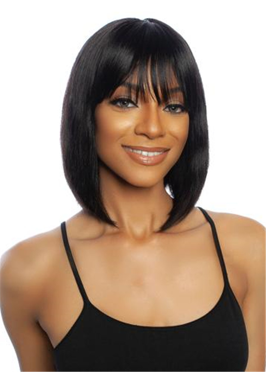 Women Human Hair Natural Straight Capless 14 Inches 130% Wigs WIth Bangs