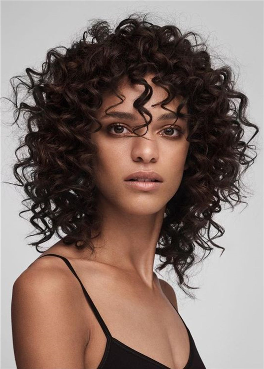 Bob Capless Human Hair Women Kinky Curly 120% 14 Inches Wigs With Bangs