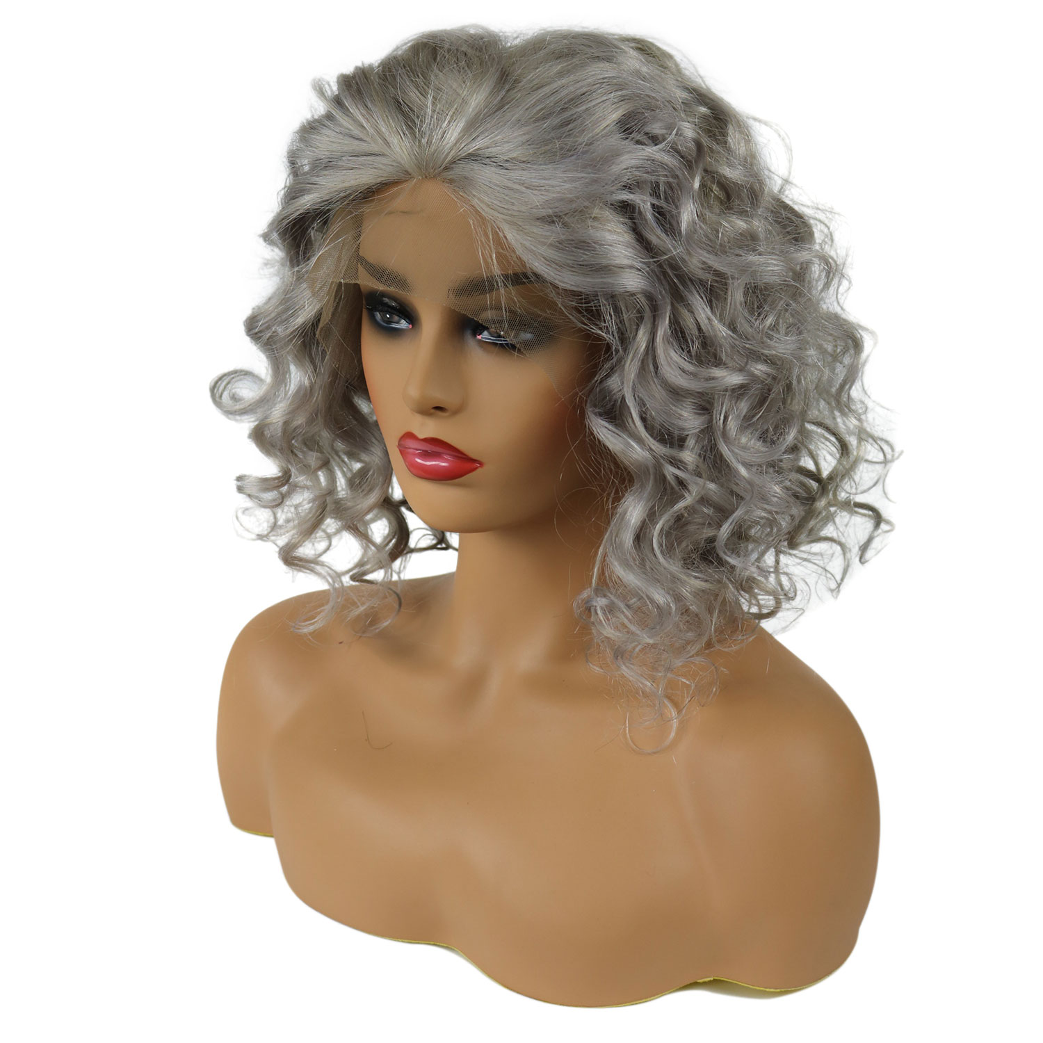 Curly Lace Front Cap Women Human Hair 120% 14 Inches Wigs - Salt and Pepper Wigs