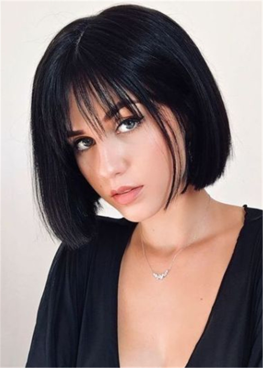 Synthetic Hair Natural Straight Capless Women Bob Hair Wigs 12 Inches 120% Wigs With Bangs