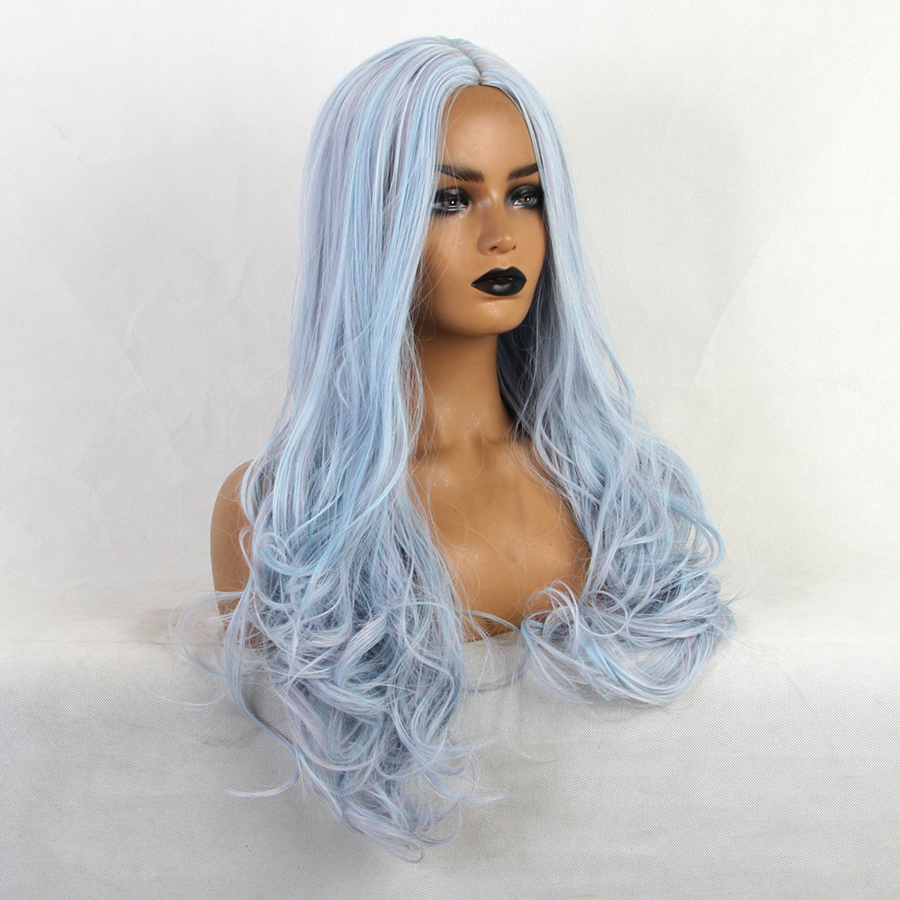Capless Women Blue Color Cosplay Wigs Synthetic Hair Wavy 130% 24 Inches Wigs