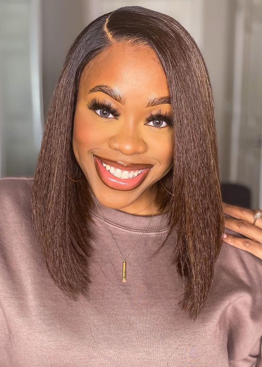 African American Women's Medium Bob Hair Wigs Straight Lace Front Cap Human Hair 130% 16 Inches Wigs