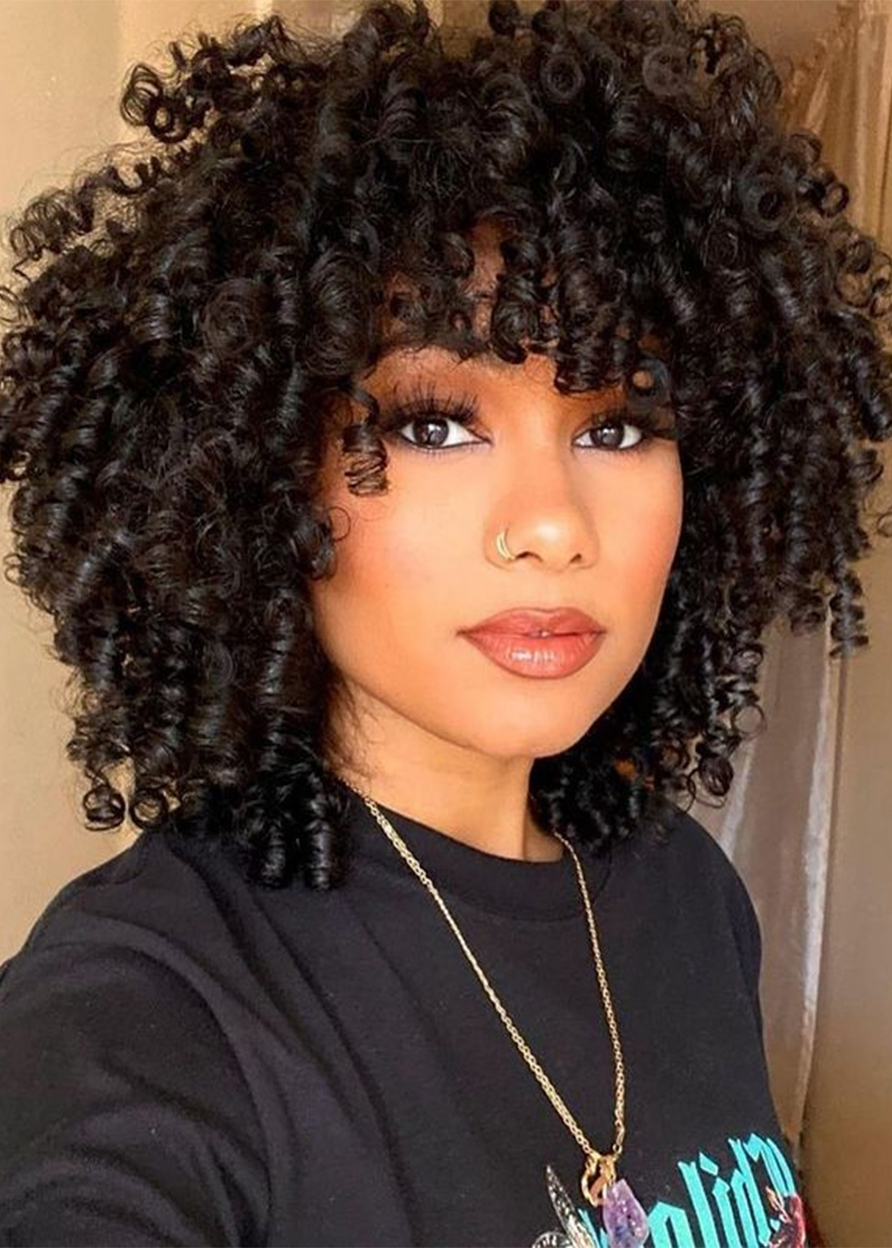 Curly Human Hair Capless 120% 16 Inches Wigs With Bangs For African American Women