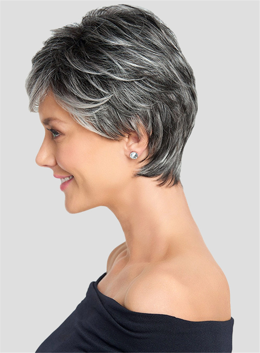 Salt and Pepper Short Layered Synthetic Hair Straight Capless 120% Short Wigs