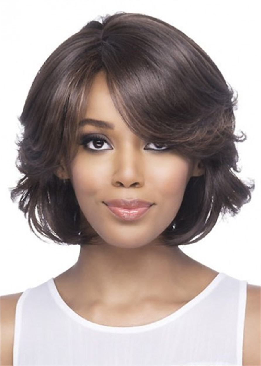 Women Bob Wigs With Bangs Capless Wavy Synthetic Hair 14 Inches 120% Wigs