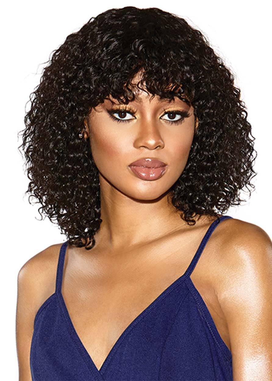 Kinky Curly Women Human Hair Capless 120% 16 Inches Wigs With Bangs