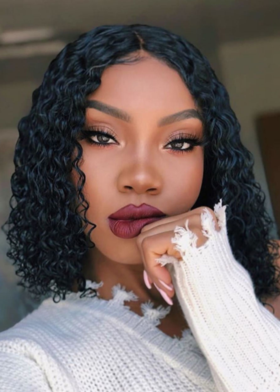 Women 100% Virgin Human Hair Curly Lace Front Cap 14 Inches Wigs - Bob Hairstyle Wigs