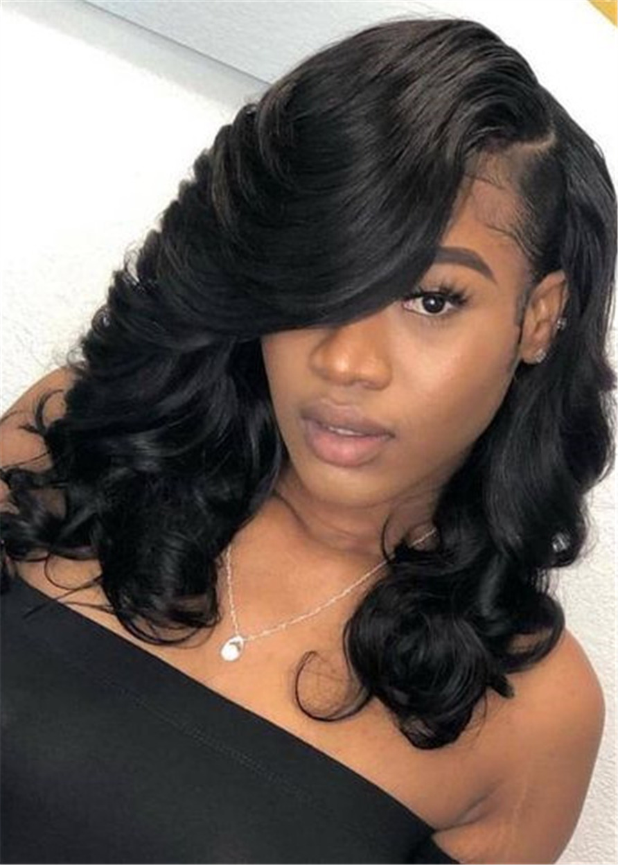 Synthetic Hair Wavy Women Capless 16 Inches 120% Wigs With Side Parted Bangs