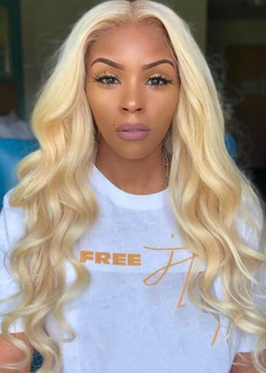 Lace Front Cap Body Wave Virgin Human Hair Women 120% 26 Inches Wigs - Blonde