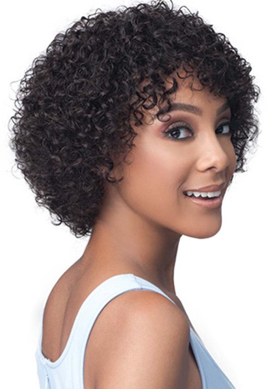 Women Capless Human Hair Kinky Curly 12 Inches 120% Wigs With Bangs