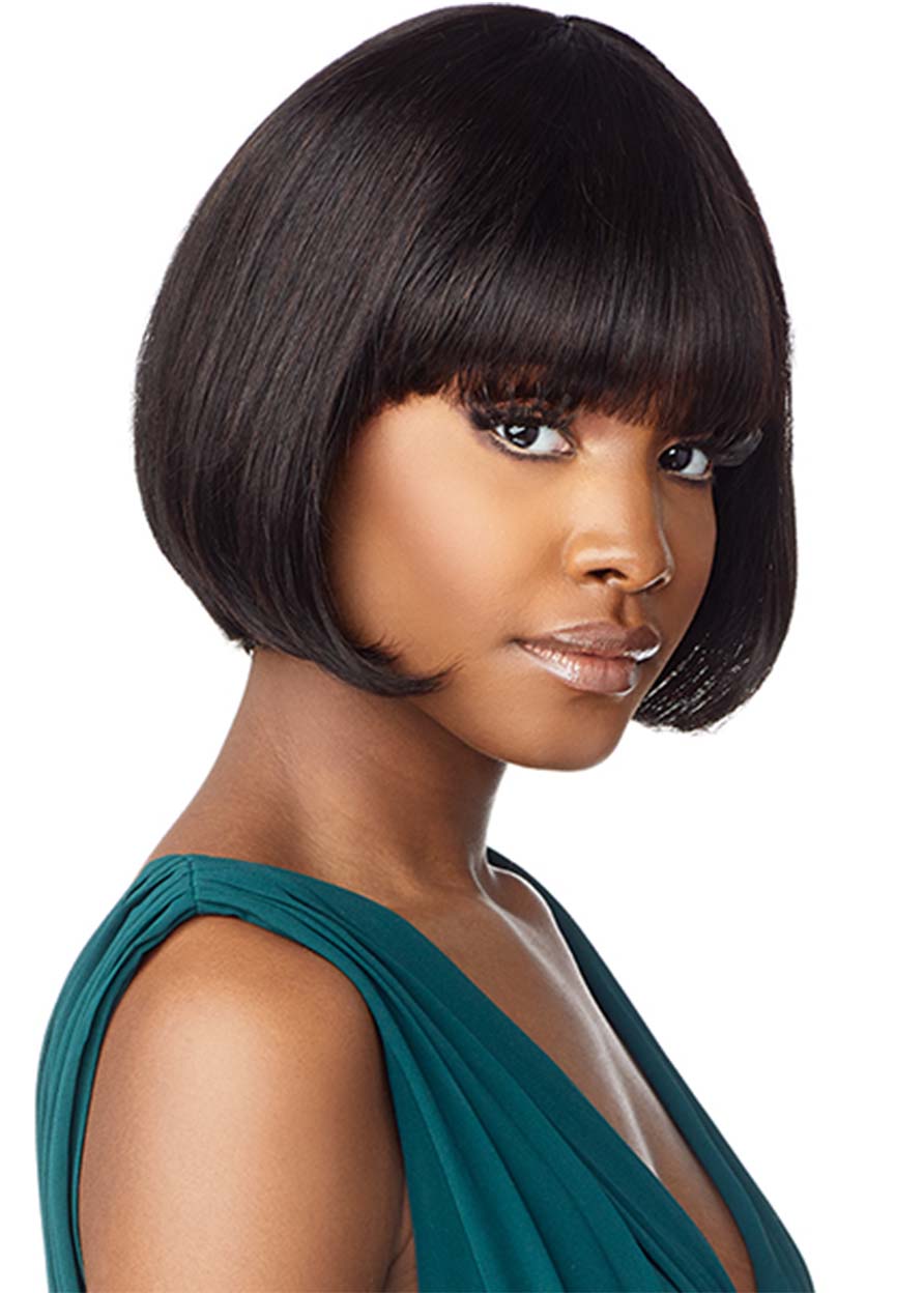 African American Women's Bob Style Wigs Straight Human Hair 120% 12 Inches Wigs With Bangs