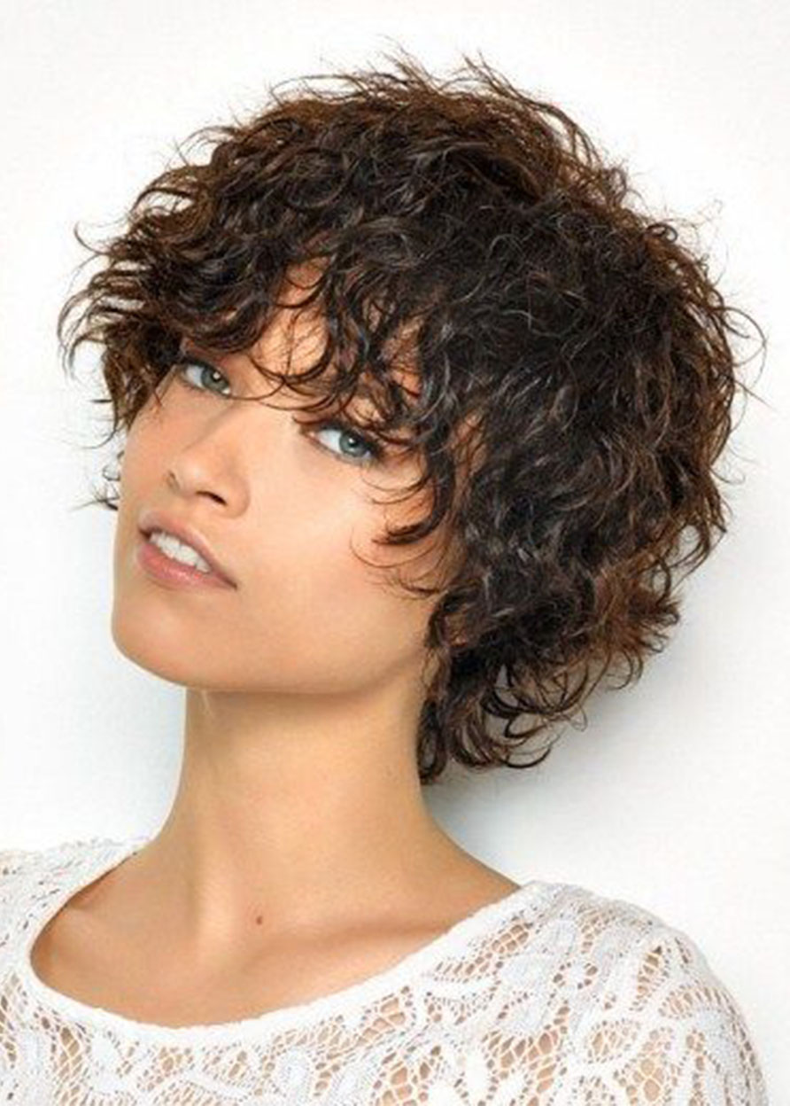 Kinky Curly Lace Front Cap Human Hair Women 120% 10 Inches Wigs With Bangs