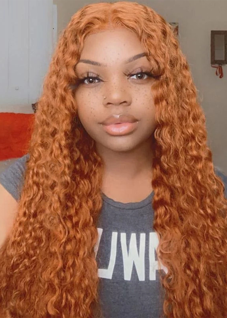 Ginger Color Middle T Part Lace Front Cap Curly Human Hair Women 150% 24 Inches Wigs