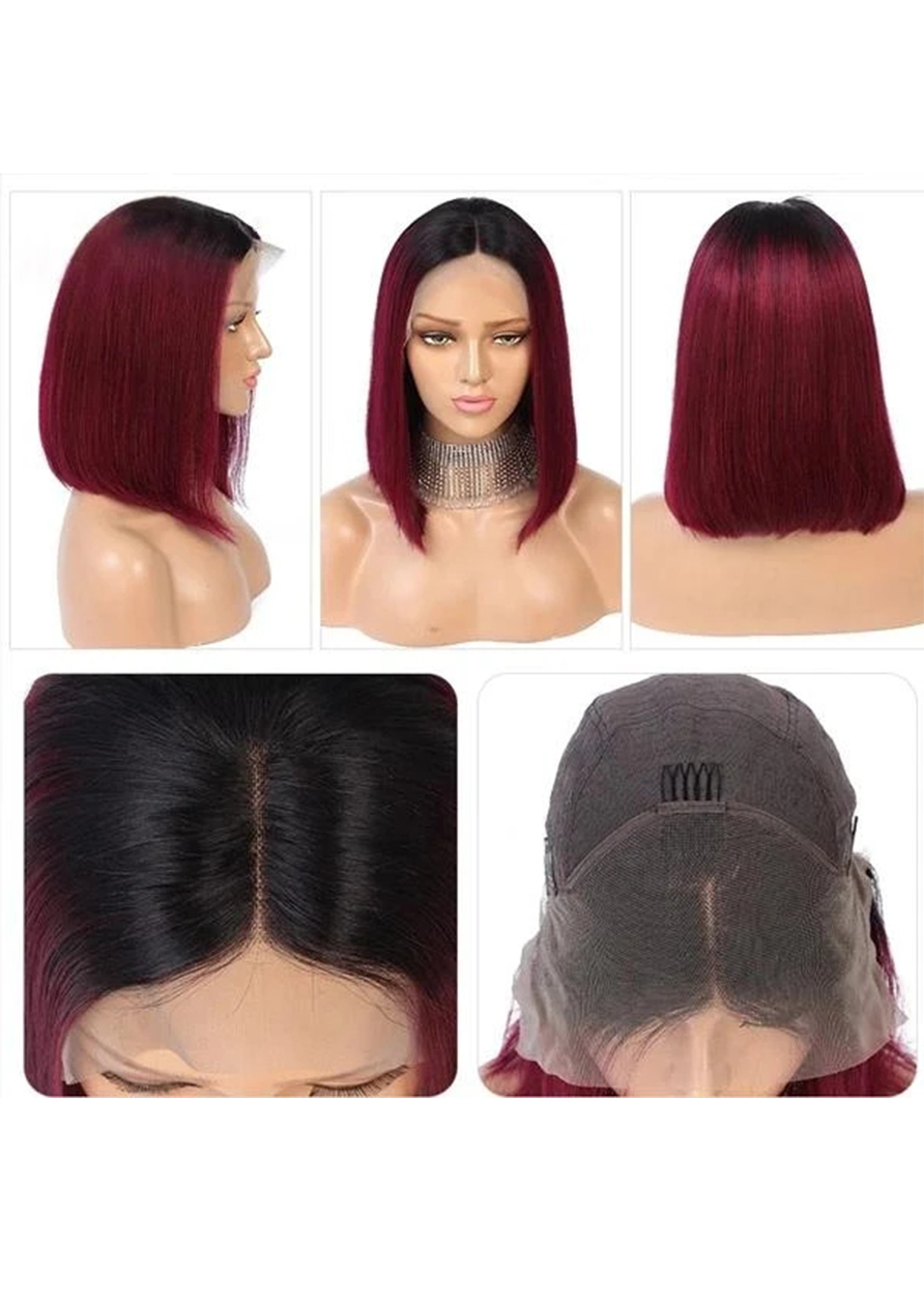 Women T Part Lace Front Cap Human Hair Straight 14 Inches 150% Wigs - Short Bob Hair Wigs