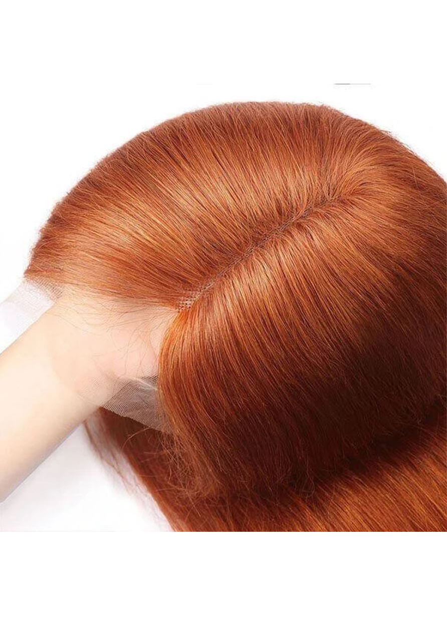 Women Ginger Color Middle T Part Human Hair Straight Lace Front Cap 28 Inches 150% Wigs