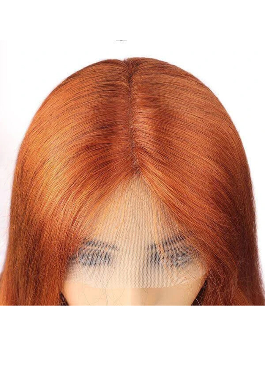 Women Ginger Color Middle T Part Human Hair Straight Lace Front Cap 28 Inches 150% Wigs