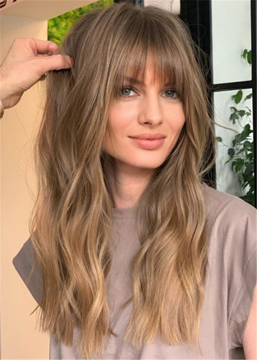 Women Balayage Hairstyle Capless Wavy Human Hair 26 Inches 120% Wigs With Bangs