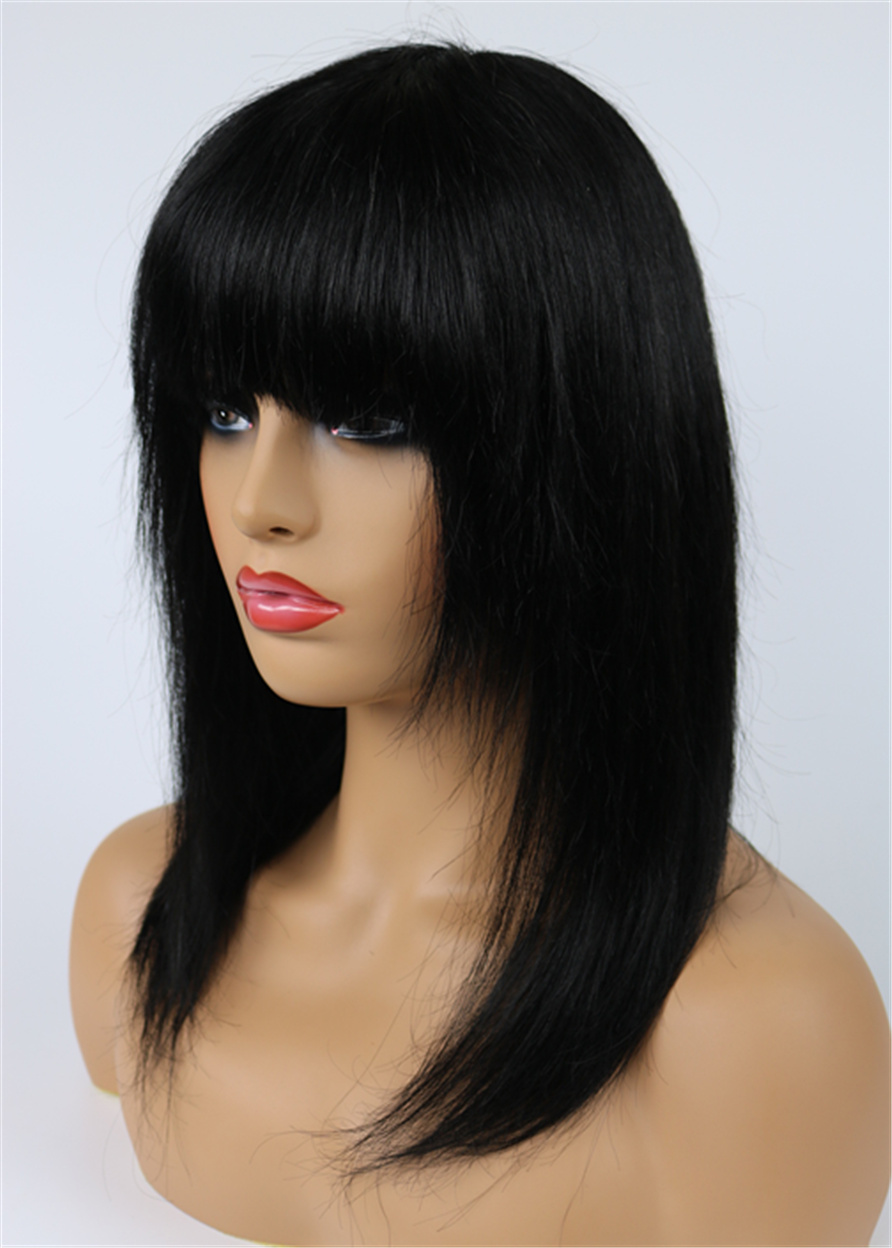 Women Capless Human Hair Straight 12 Inches 120% Wigs With Full Bangs