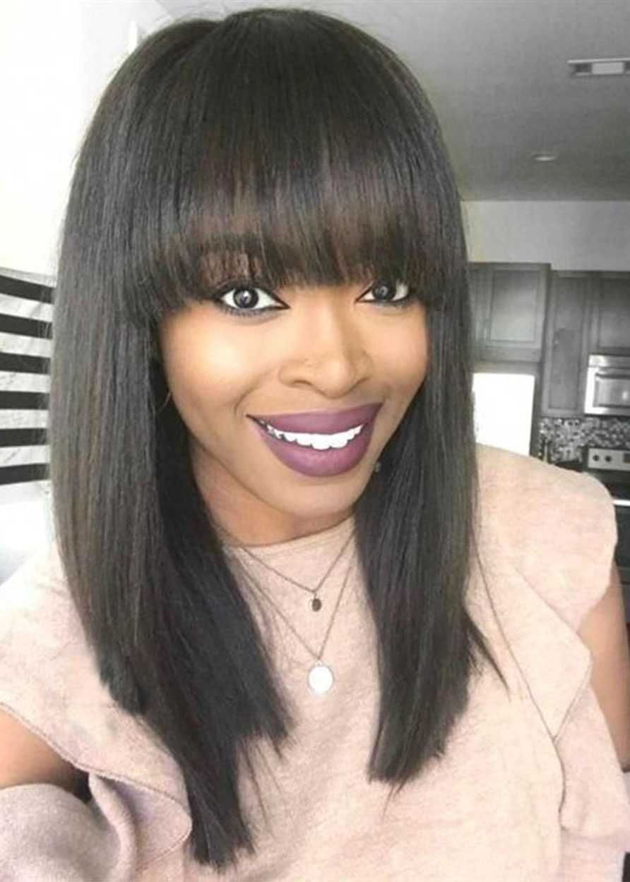 Lace Front Cap Straight Women Human Hair 120% 18 Inches Wigs With Bangs