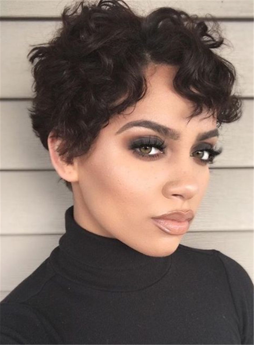 Women Pixie Curly Lace Front Cap Synthetic Hair Short 120% Wigs