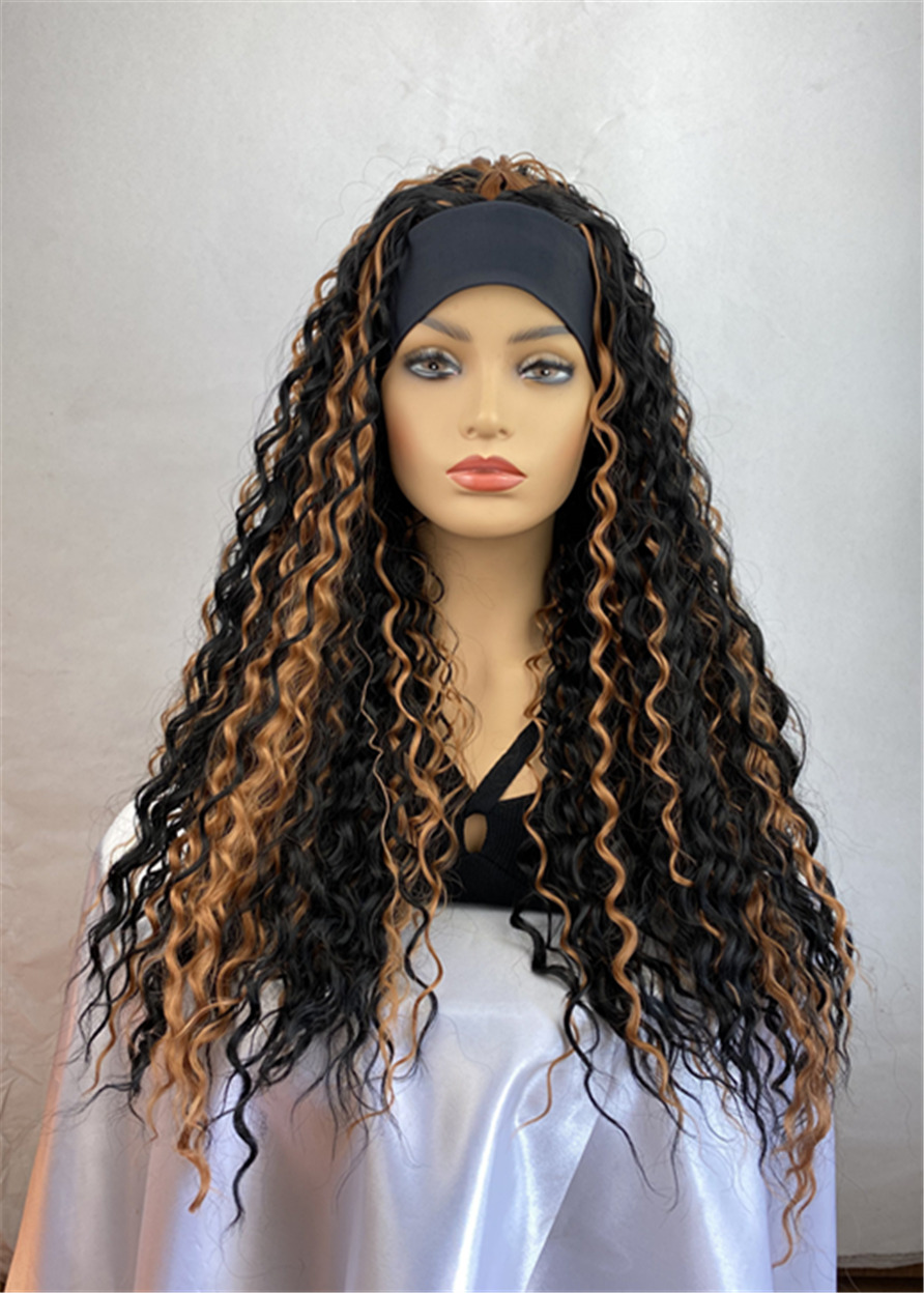 Kinky Curly Capless Women Ombre Headband Wigs Synthetic Hair 130% 28 Inches Wigs