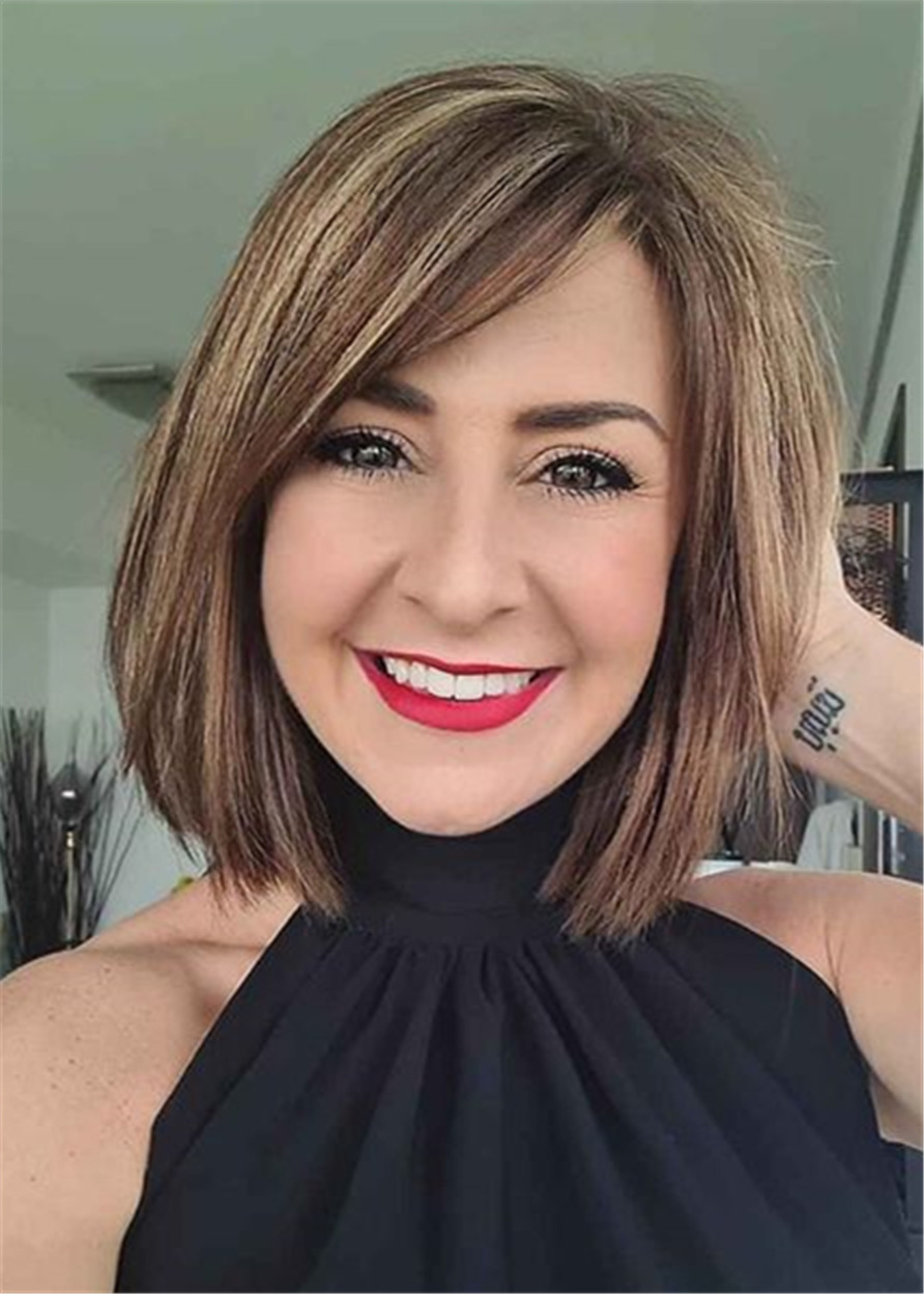 Straight Women Balayage Hair Wigs Synthetic Hair Capless 130% 10 Inches Bob Wigs With Side Bangs