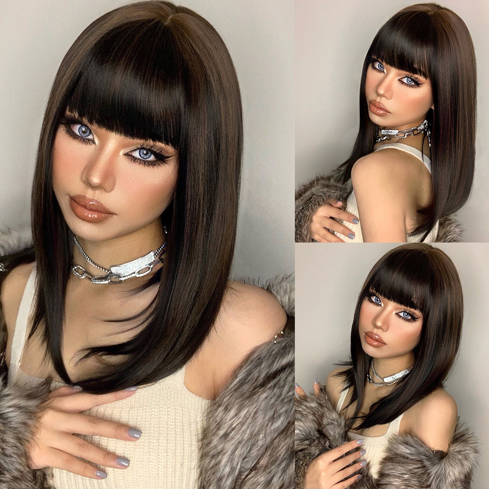 Women Capless Straight Synthetic Hair 18 Inches 130% Wigs With Bangs