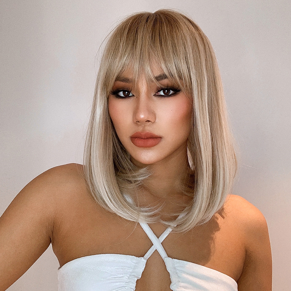 Silky Straight Synthetic Hair Capless Women 130% 16 Inches Wigs With Bangs