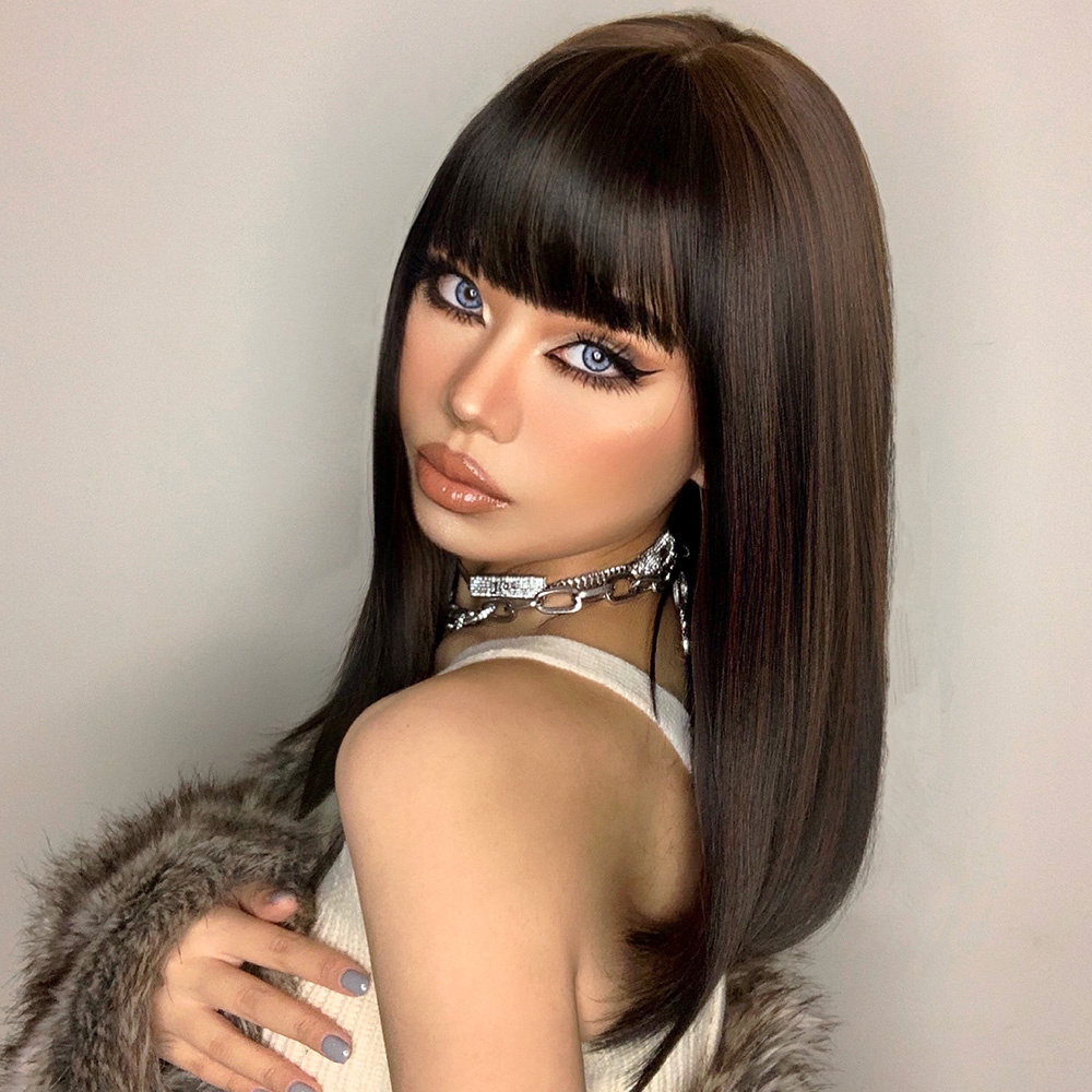Women Capless Straight Synthetic Hair 18 Inches 130% Wigs With Bangs