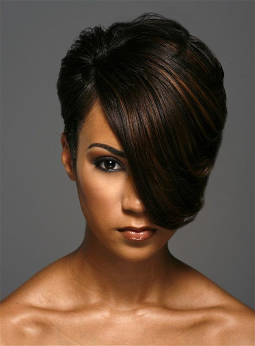 Short One Side Part Boy Cuts Straight Synthetic Hair African American Women 120% 8 Inches Wigs With Full Bangs