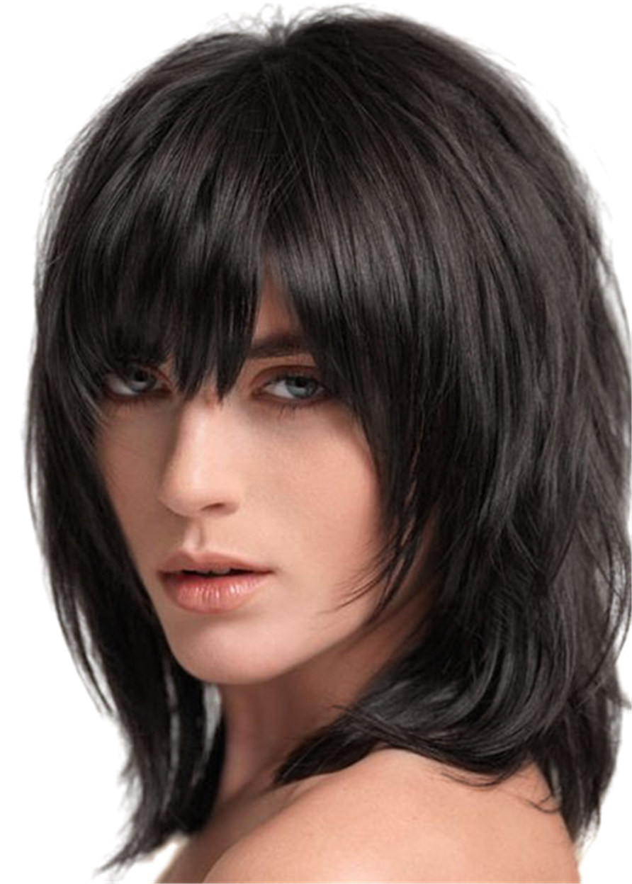 Capless Straight Synthetic Hair 12 Inches 120% Wigs With Full Fringe