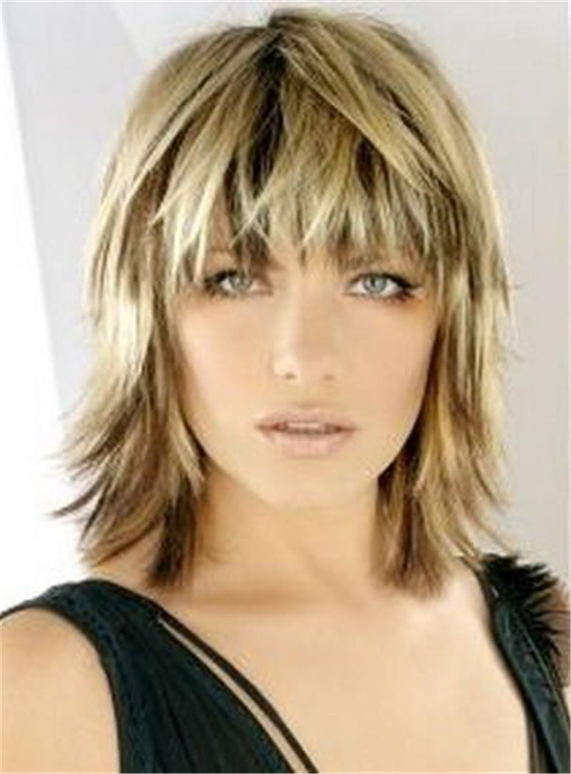 Synthetic Hair Women Capless Straight 12 Inches 120% Wigs With Bangs
