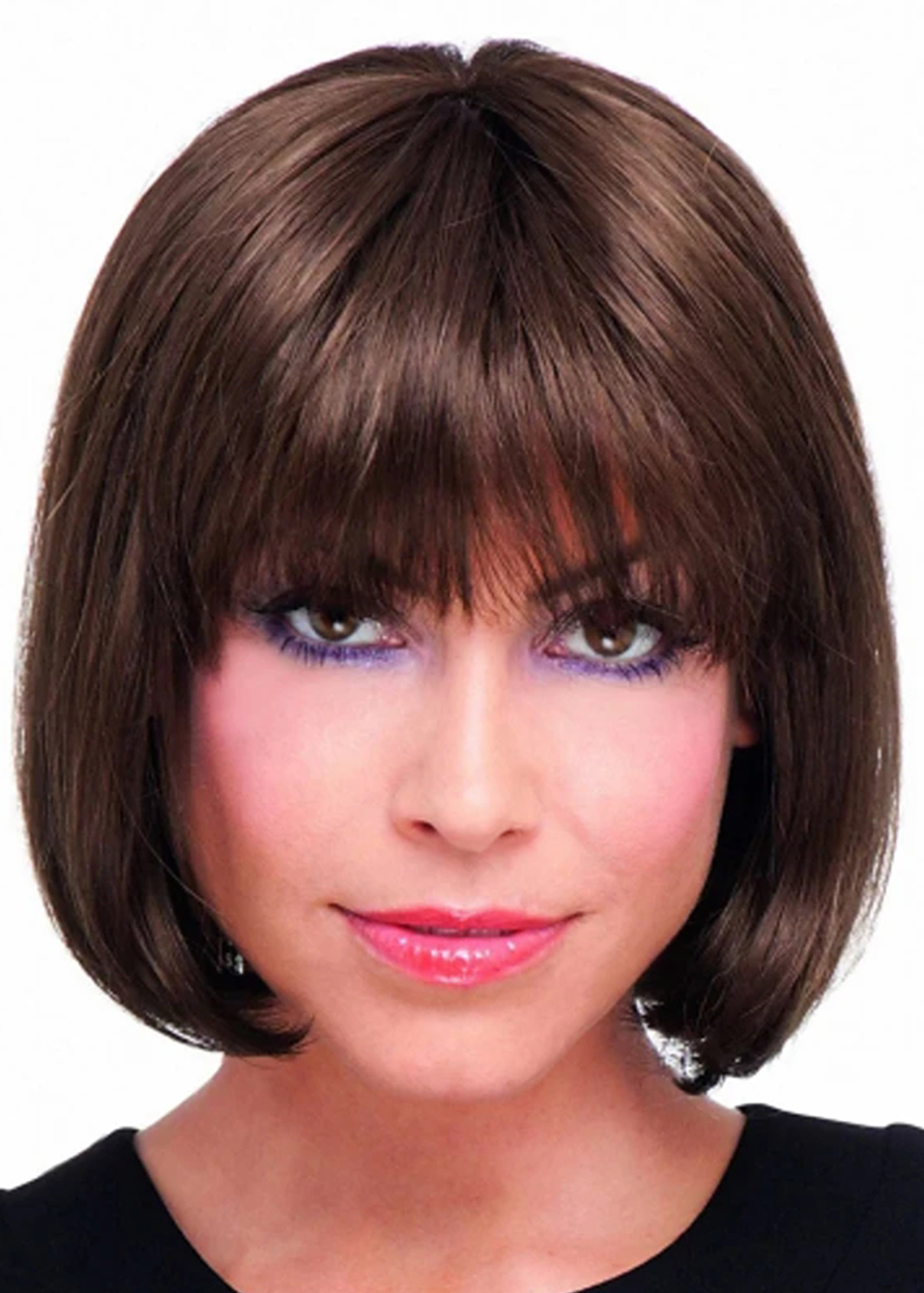 Women Human Hair Straight Capless 12 Inches 120% Wigs Bob Hair Wigs With Bangs